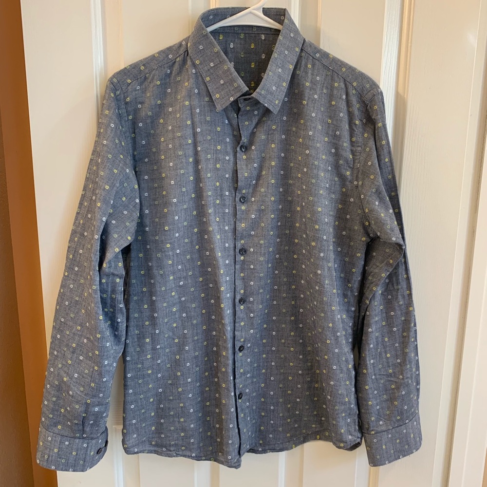 Cotton blue grey shirt yellow green woven dots 16